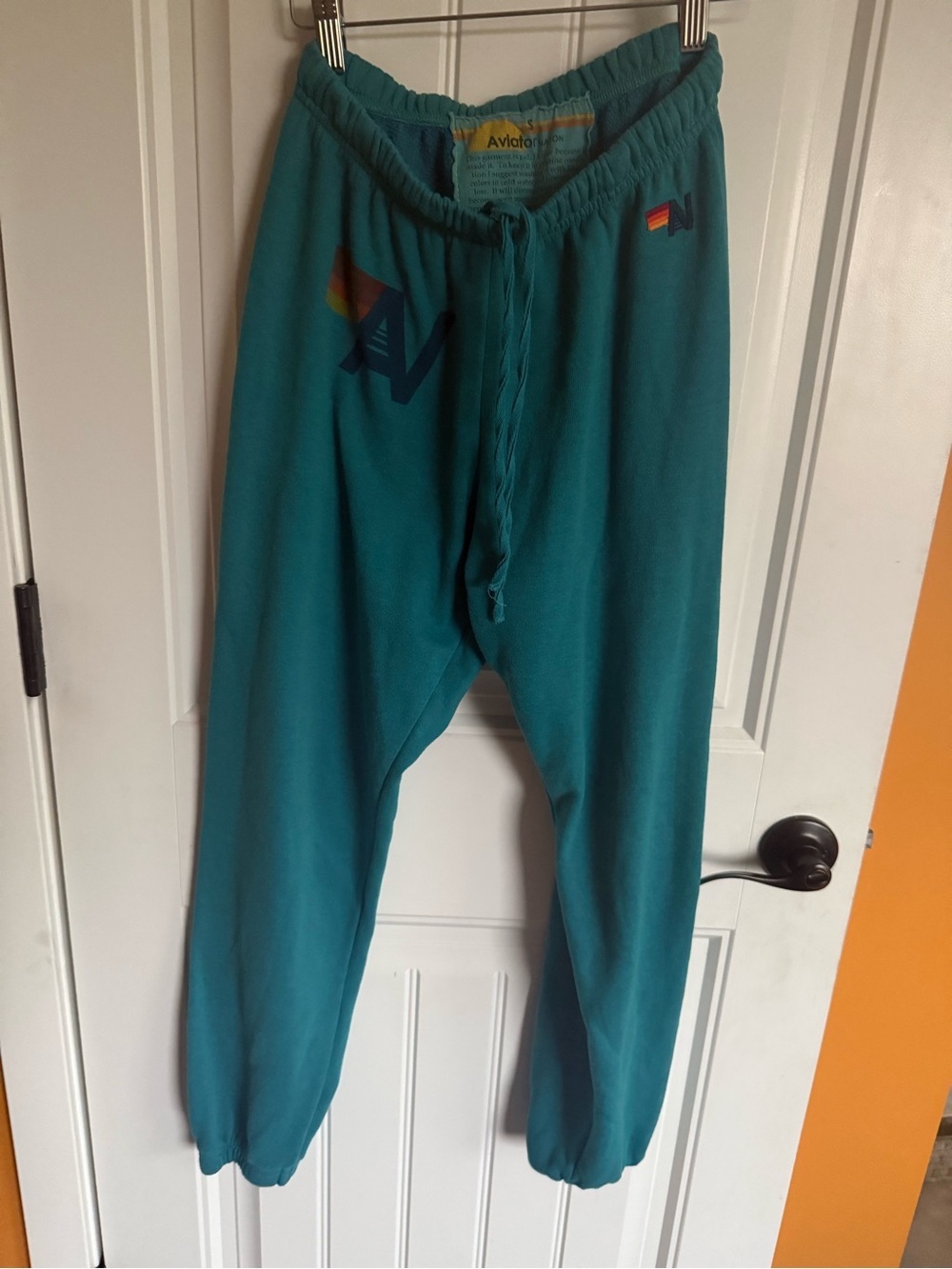 Aviator Nation Teal Sweatpants with Rainbow Logo- Small